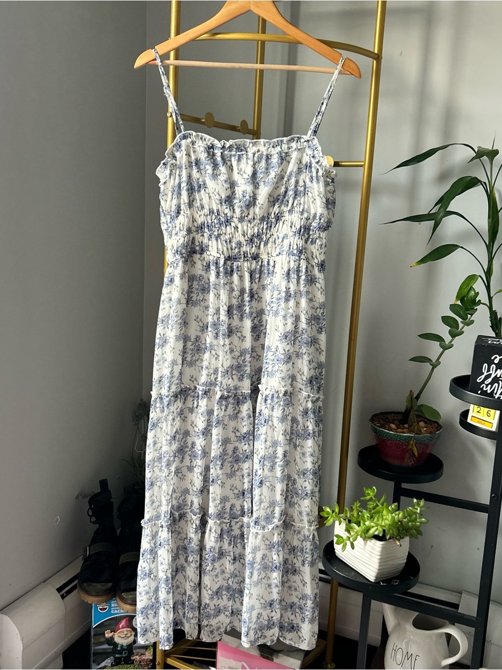 Audrey Parks Blue Floral Tiered Midi Cottagecore with Smocked Bodice size XL